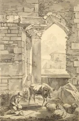Herder met een koe en schapen in een ruïne, 1693